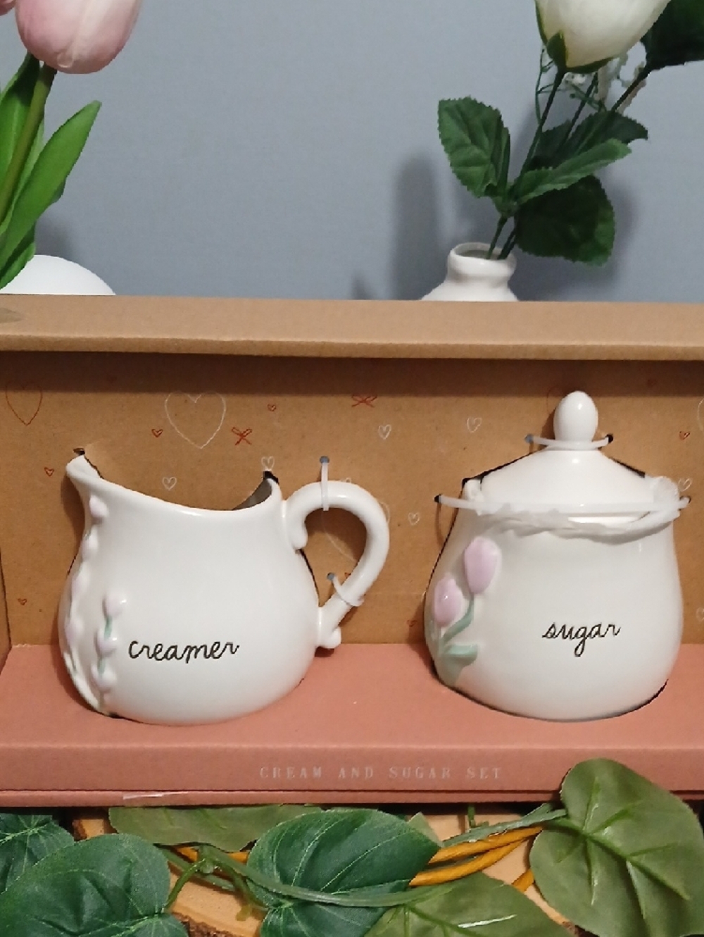 Rae Dunn Cream and Sugar Ceramic Set with Pink Floral Accents NIB - Picture 8 of 12